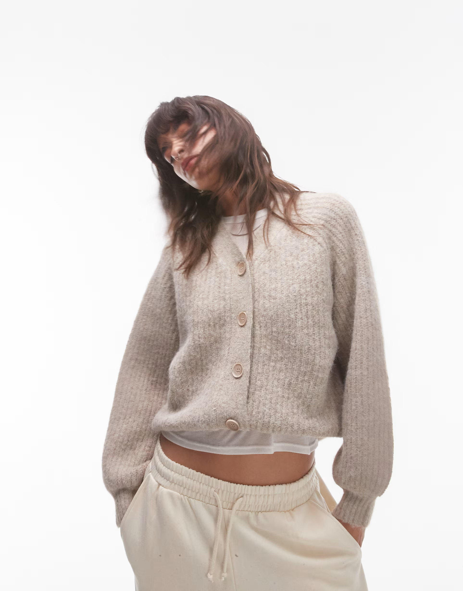 Topshop knitted high v-neck fluffy cardigan in oat | ASOS | ASOS (Global)
