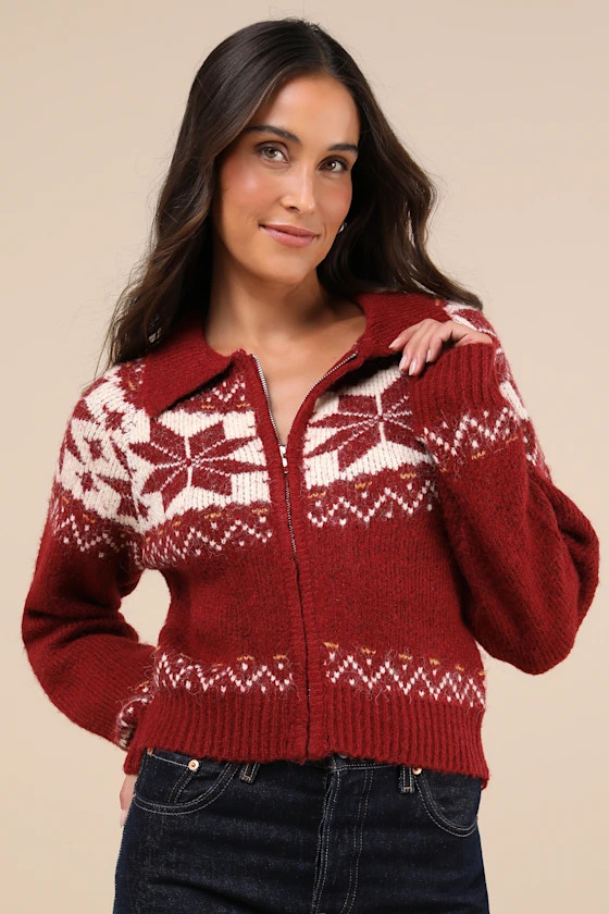 Snowy Snuggles Red Fair Isle Zip-Front Cardigan Sweater | Lulus