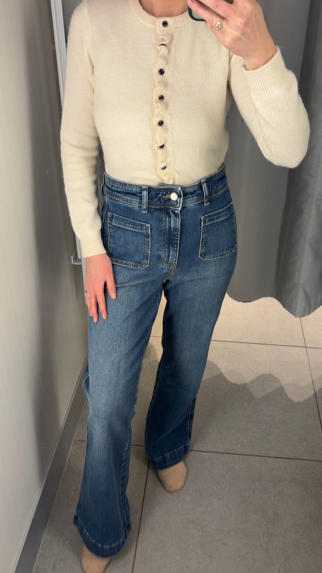 Such a timeless combo 🤍 Flared front pocket jeans styled with a cream frilled cardigan for the prettiest everyday look. Easy, feminine and perfect for winter to spring ✨ Wearing an XS in the cardigan

#LTKjeans #LTKuk #LTKspring
