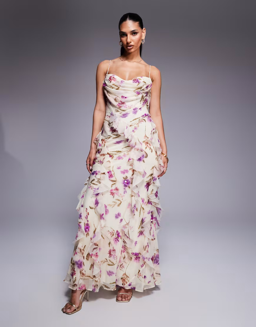 ASOS DESIGN embellished chiffon cami ruffle maxi dress in ivory floral-Multi | ASOS (Global)