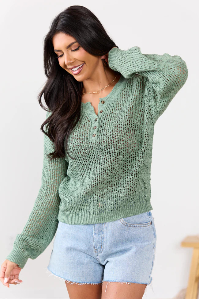Lotus Long Sleeve Sage Open Knit Henley Sweater | Pink Lily