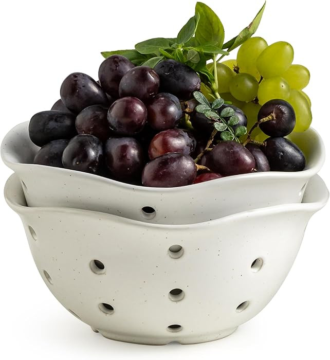 Gomakren Ceramic Berry Basket Set of 2, Rustic Fruit Basket Container 6 Inch, Fruit Bowl with Hol... | Amazon (US)