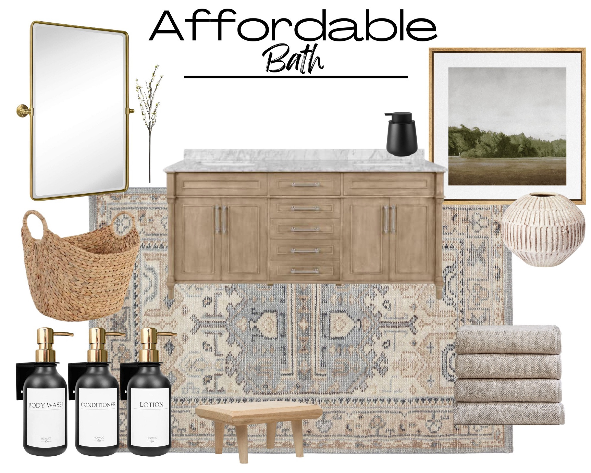 Affordable bathroom 
Mirror, vanity, artwork, vase, basket, bath towel, area rug, stool, pivot mirror 

#LTKhome #LTKunder50 #LTKsalealert