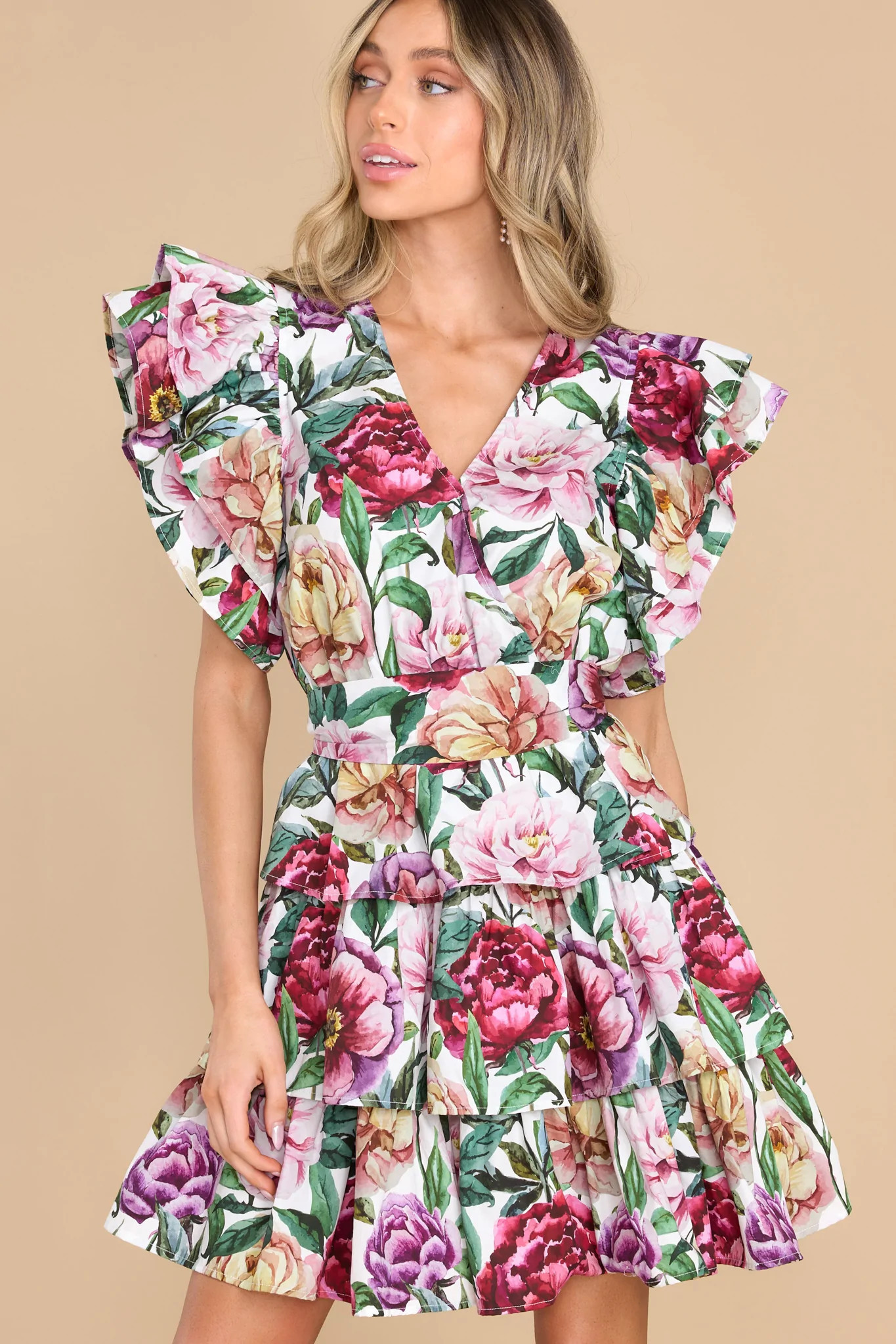 Garden Goddess Ivory Floral Print Dress | Red Dress 