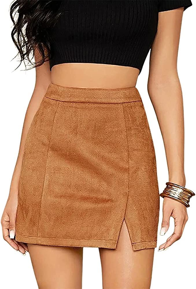Amazon.com: VNDFLAG Women's High Waist Faux Suede Side Split Bodycon Short Mini Skirt Khaki : Clo... | Amazon (US)