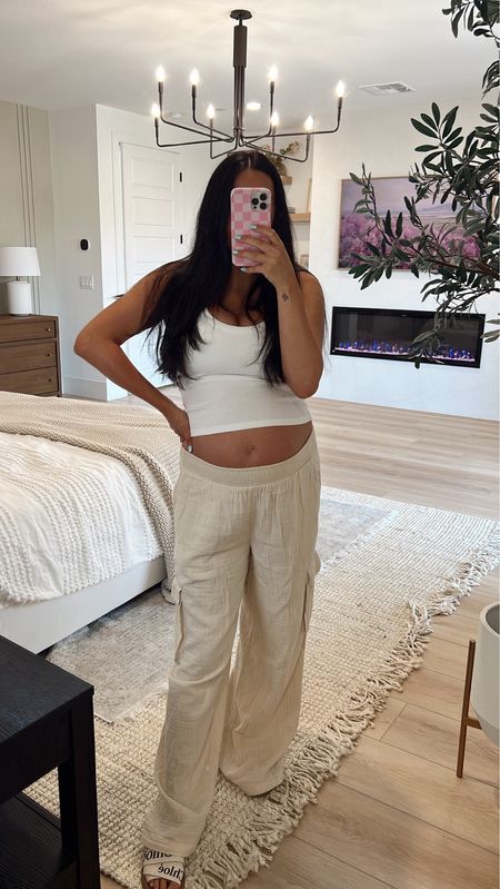 Comfiest linen cargo pants for summer! Perfect with the bump! I sized up to a M. On sale for 30% off right now! 

36 weeks bump outfit 

#LTKBump #LTKSeasonal