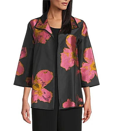 Caroline Rose Pink Petal Print Devore Spread Collar Bracelet Sleeve Open-Front Statement Jacket - M | Dillard's