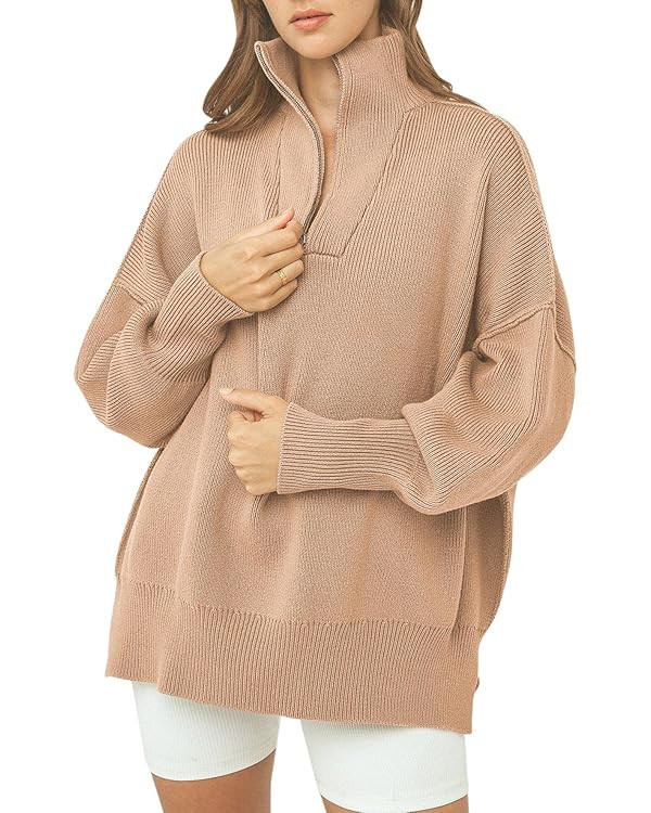 LOGENE Women's 1/4 Zipper Sweatshirt Long Sleeve Oversized Slit Side Knit Pullover Sweaters | Amazon (US)