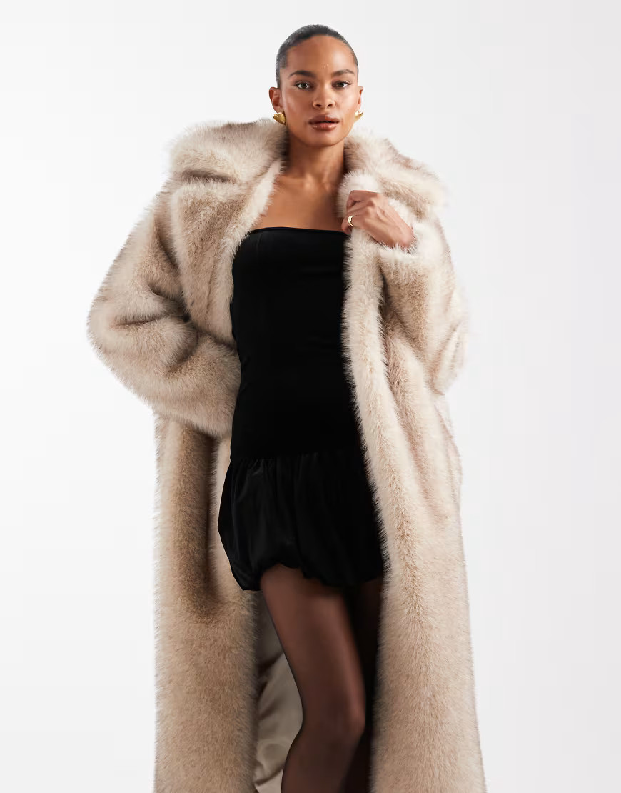 4th & Reckless oversized tie waist faux fur maxi coat in beige-Neutral | ASOS (Global)