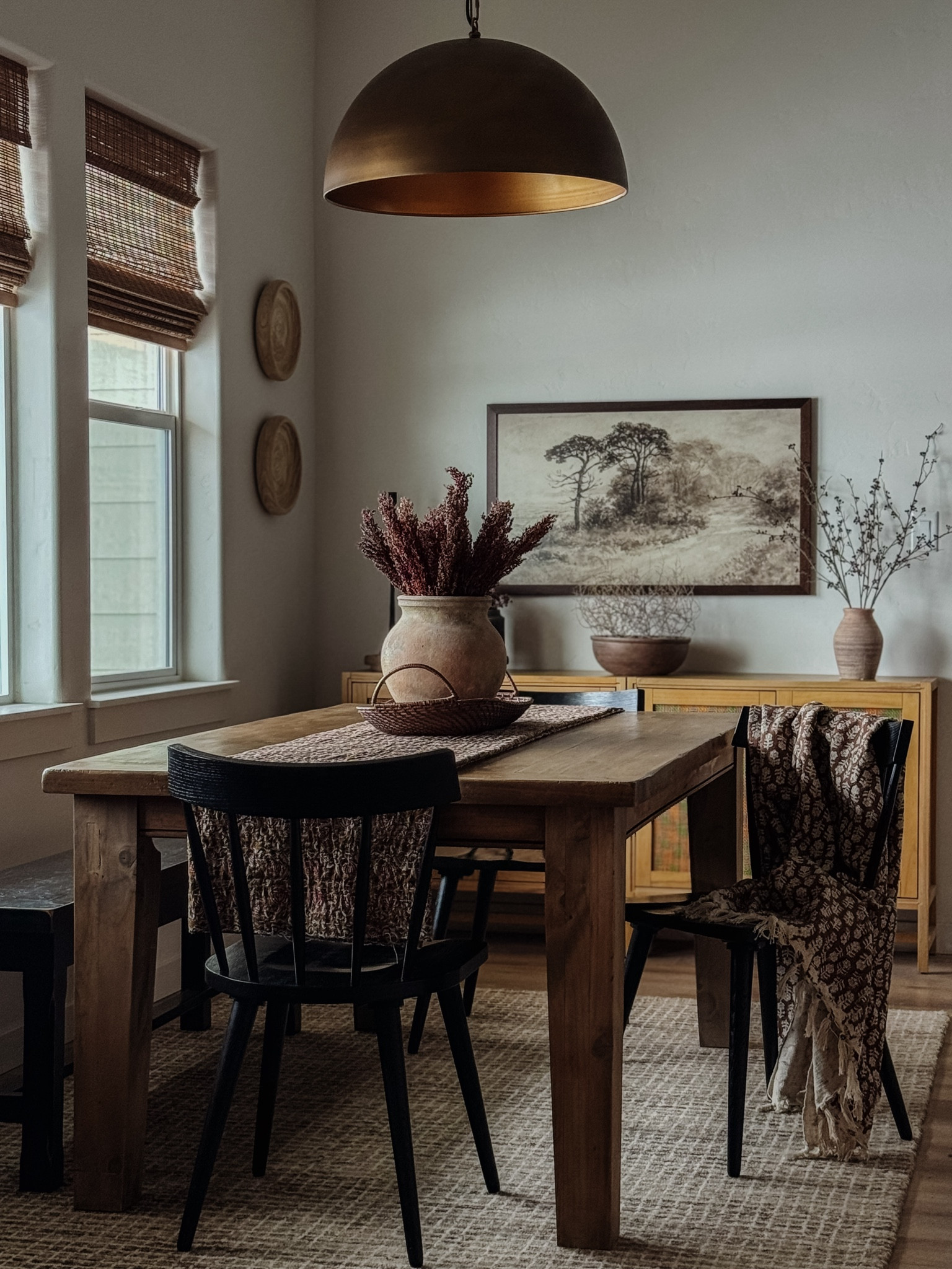 Dining room inspiration, modern rustic vibe, home decor, black dining chairs, checkered jute rug, roman shades, cabinet, dome lighting, affordable decor, neutral decor, look for less, Target style, organic modern, brass dome lighting, salt and pepper mills, rustic dining room table, Kantha quilt, collected vibe, brass salt and pepper mills

#LTKfindsunder50 #LTKhome #LTKstyletip