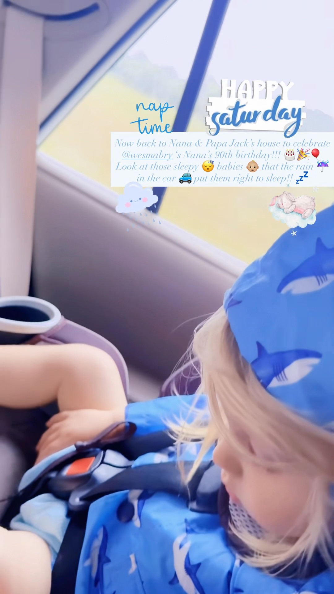 Now back to Nana & Papa Jack’s house to celebrate @wesmabry ‘s Nana’s 90th birthday!!! 🎂🎉🎈 Look at those sleepy 😴 babies 👶🏼 that the rain ☔️ in the car 🚙 put them right to sleep!! 💤 