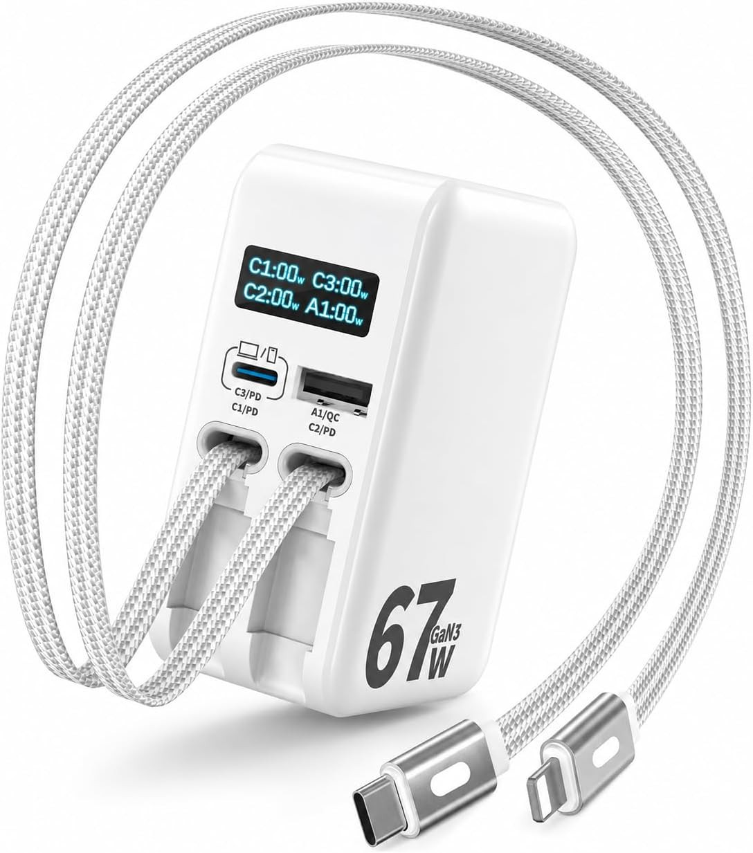 67W Retractable USB C Wall Charger, 4-in-1 GaN Charger Block with 3.3ft Built-in USB C & USB L Cables, LED Display, Foldable Travel Adapter for MacBook, iPhone, iPad, Galaxy | Amazon (US)