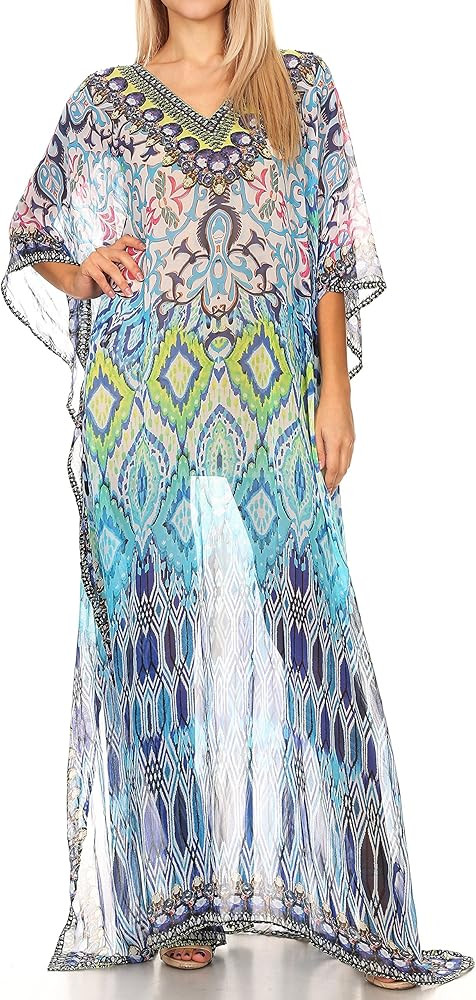 Sakkas Wilder Printed Design Long Sheer Rhinestone Caftan Dress/Cover Up | Amazon (US)