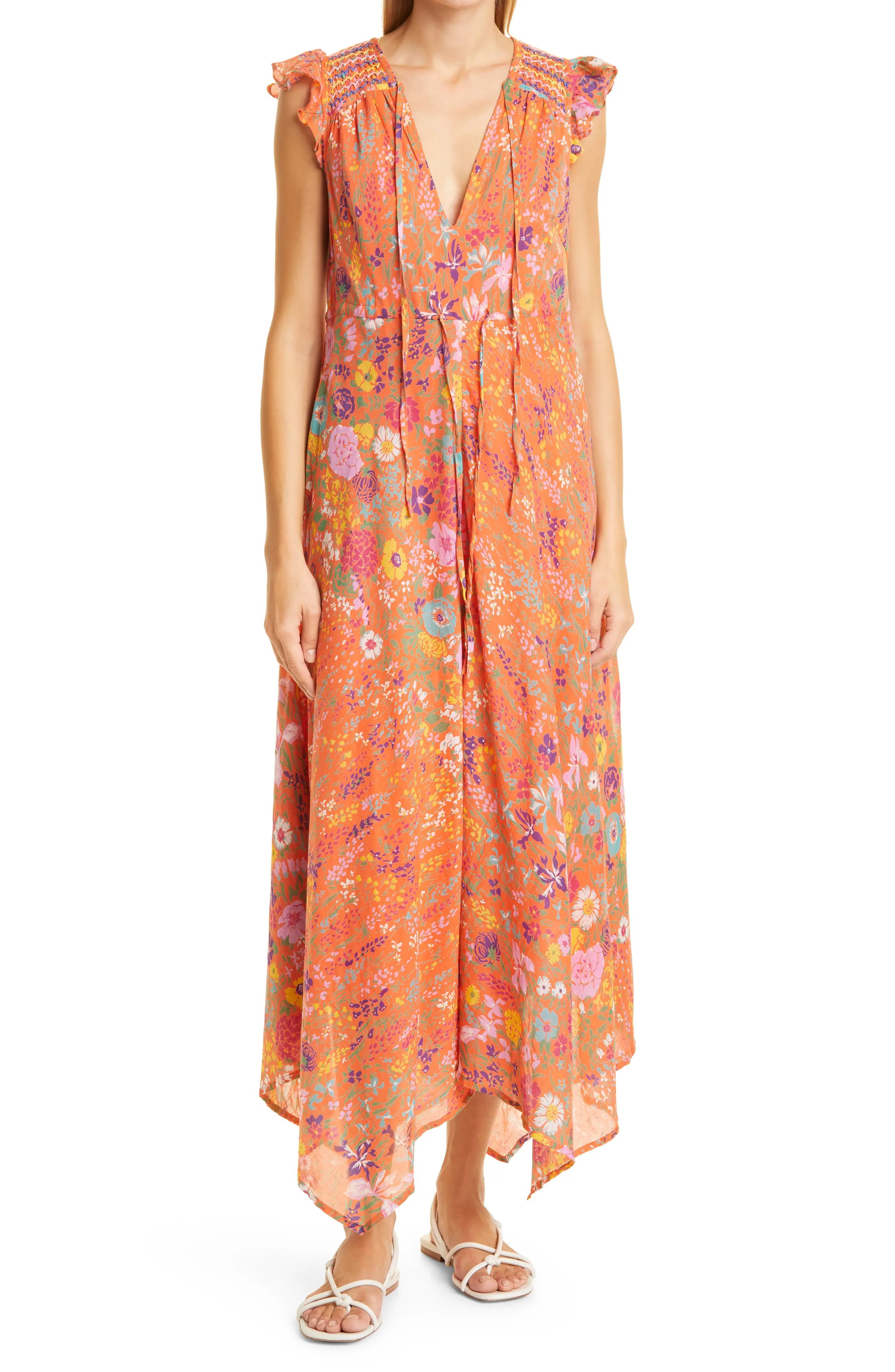 Women's Banjanan Elna Geometric Ruffle Midi Organic Cotton Dress, Size Small - Pink | Nordstrom