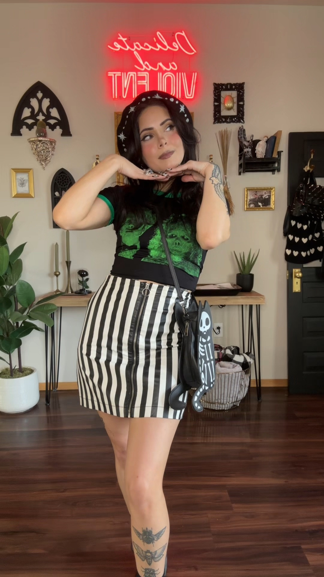 Beetlejuice inspired outfit 
Skirt is thrifted tag says forever21
Beret is from witchwoodbags
Crossbody is from spirit Halloween 

#LTKhalloween

#LTKSeasonal #LTKStyleTip