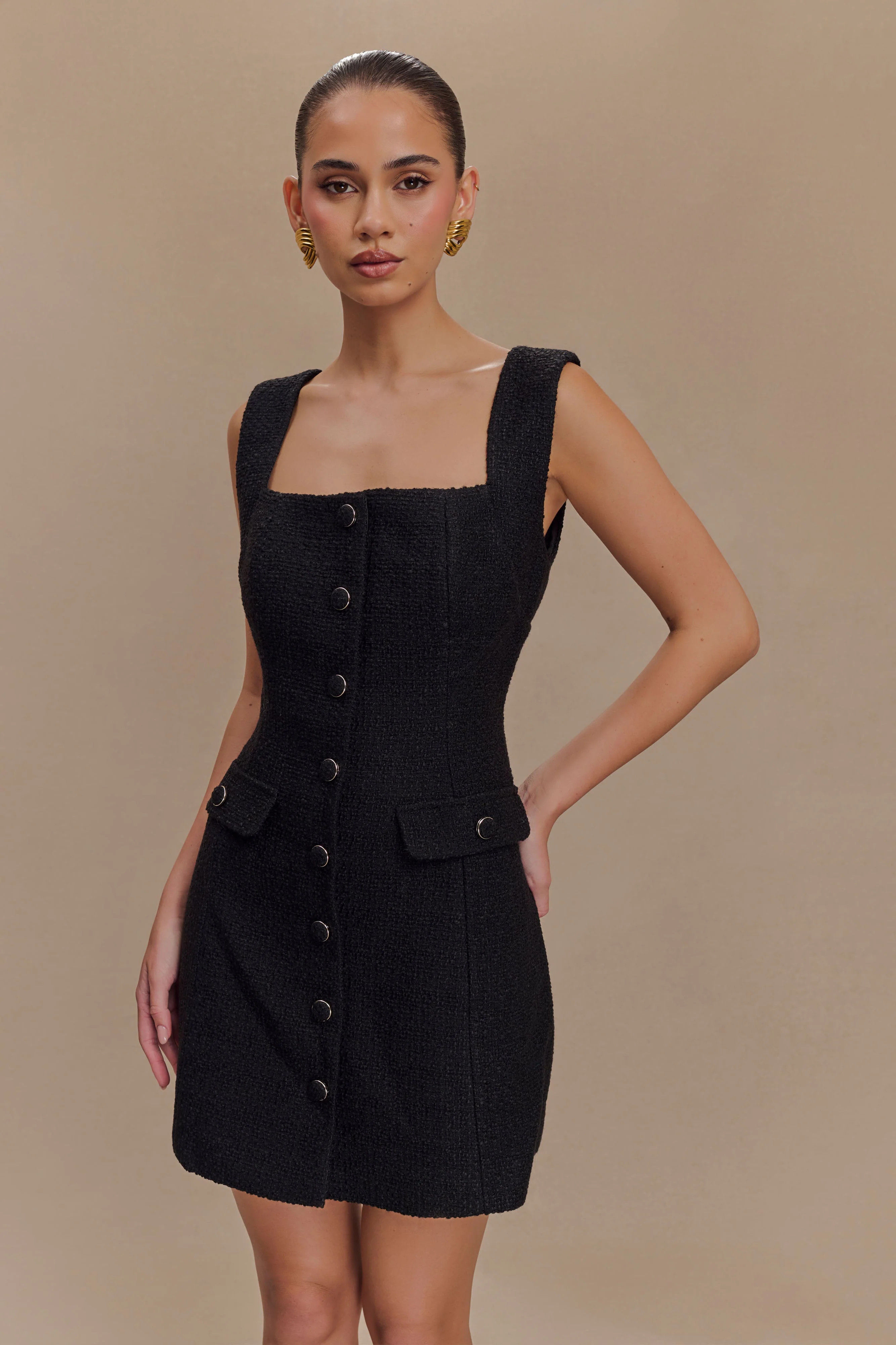 Boucle Mini Dress - Black | MESHKI US