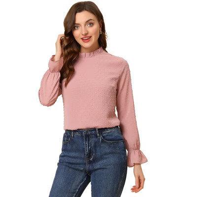 INSPIRE CHIC Women's Swiss Dots Long Sleeve Mock Neck Blouse Rose Red Small | Target