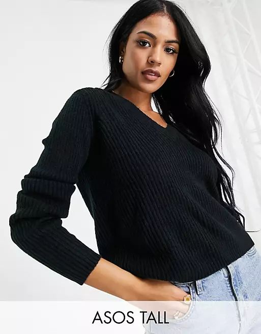 ASOS DESIGN Tall boxy sweater in v neck with rib in black | ASOS | ASOS (Global)