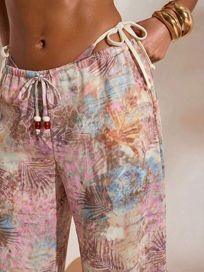 Opulessa Women's Vacation Beach Plant Print Cover-Up & Pants Set Cover Ups For Swimwear | SHEIN