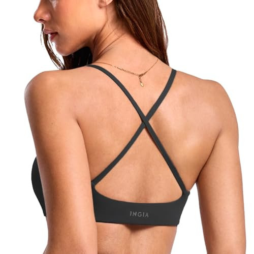 INGIA Women's Low Scoop Neck Sports Bra Spaghetti Criss Cross Strap Padded Workout Yoga Bra Crop Top Black Medium | Amazon (US)