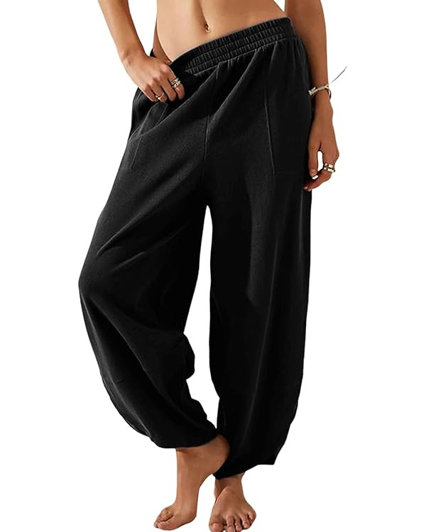 Womens Harem Pants Summer Casual Cotton Elastic Waist Palazzo Baggy Pants Wide Leg Sweatpants wit... | Amazon (US)