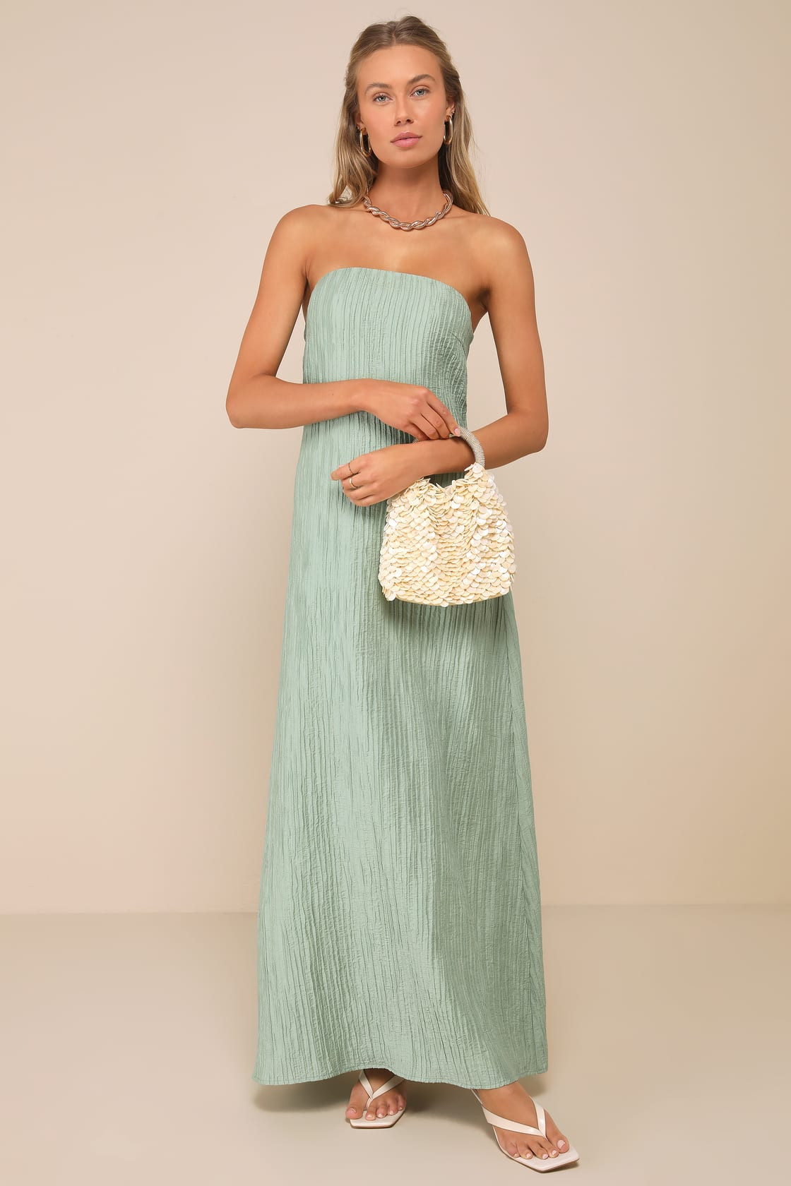 Radiant Season Sage Green Plisse Cutout Strapless Maxi Dress | Lulus