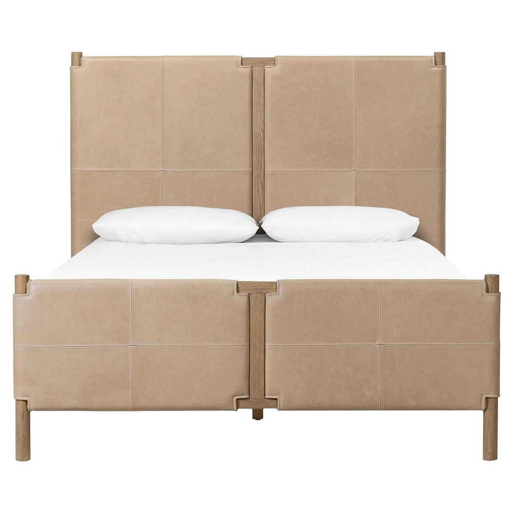Hubert Rustic Lodge Light Brown Leather Oak Bed - Queen | Kathy Kuo Home