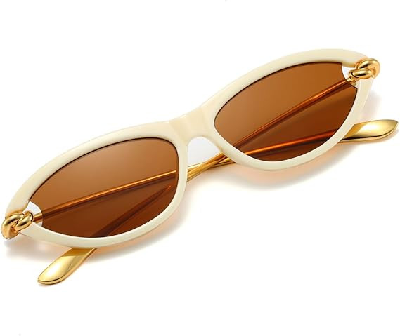 Hanj 90s Retro Oval Sunglasses for Women Trendy Gold Temple Classic Shades Cat Eye Glasses | Amazon (US)