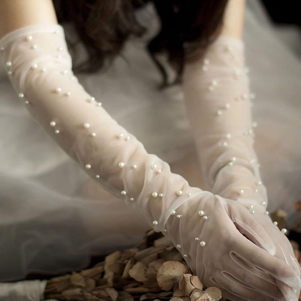 Acenail Pearl Women’s Wedding Gloves Long Tulle Bridal Gloves White Finger Lace Gloves 20s Oper... | Amazon (US)
