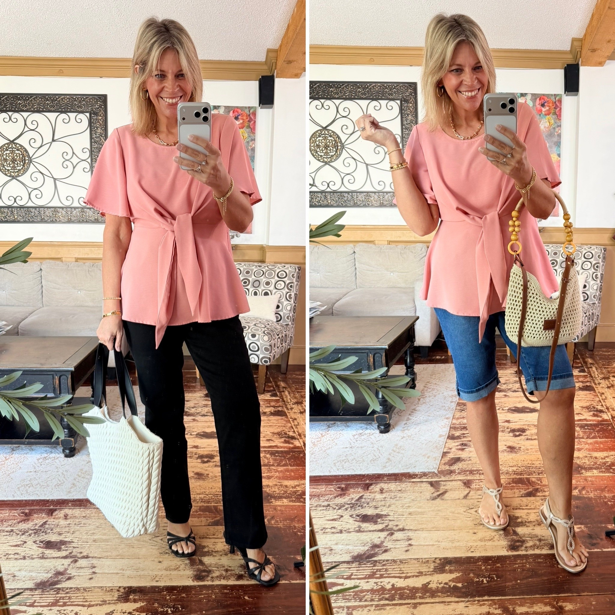 Tie front top size 10, bermuda shorts size 12, black jeans size 10

#LTKOver40 #LTKWorkwear #LTKMidsize
