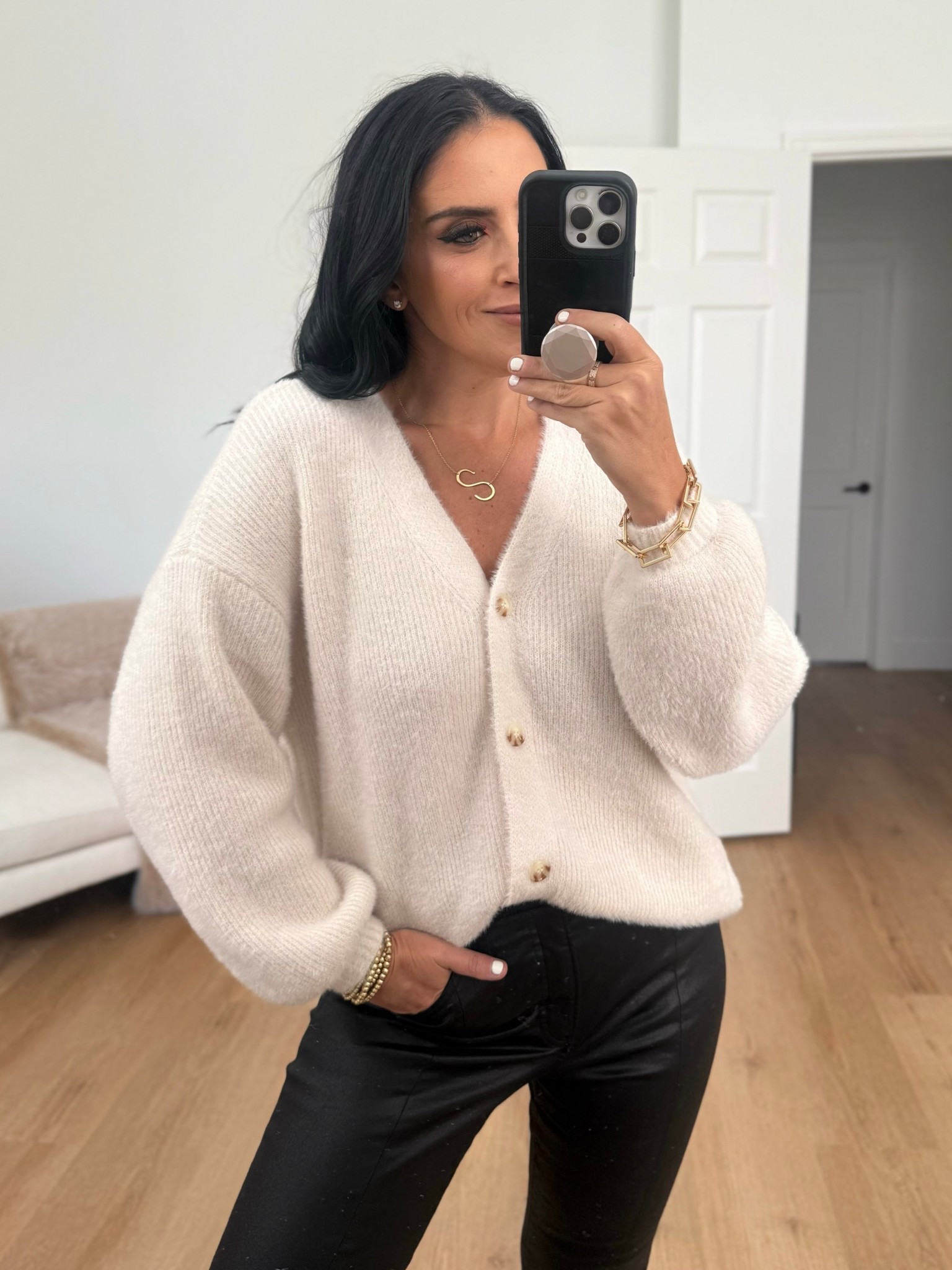 No Boundaries Fashion Button Front Cardigan wearing size small only $19. High Waisted Black Coated Skinny Jeans