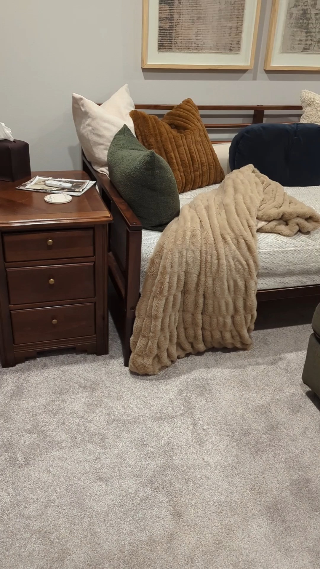 I gave the loft daybed a little makeover with a faux rabbit throw and earthy neutral pillows. I've had this tapestry art set for a couple of years and still love it so much! The rectangle side table was a FBMP find but I found a similar one. The rectangle shape is perfect beside the daybed.
#daybed #daybedstyle #wooddaybed   

 #LTKHome #LTKFindsUnder50 #LTKFindsUnder100