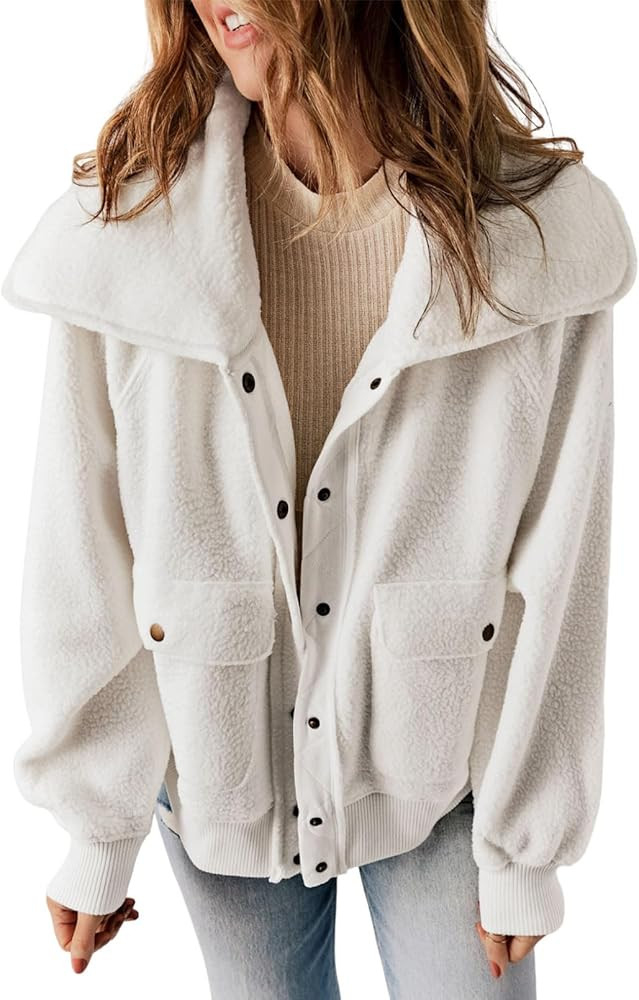 Women Fleece Jacket Fuzzy Winter Long Sleeve Shackets Short Coats Snap-Up Sherpa Outerwear | Amazon (US)