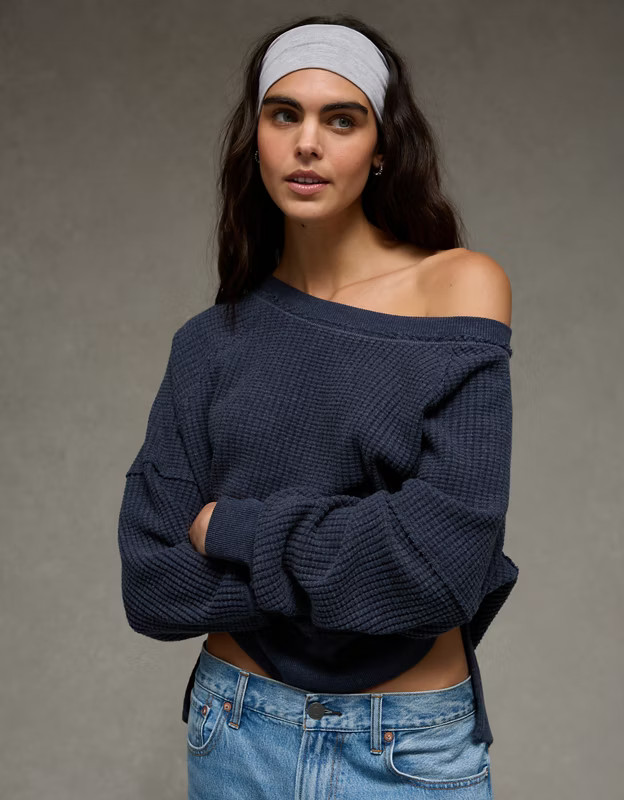 AE Big Hug Off-The-Shoulder Waffle Sweatshirt | American Eagle Outfitters (US & CA)