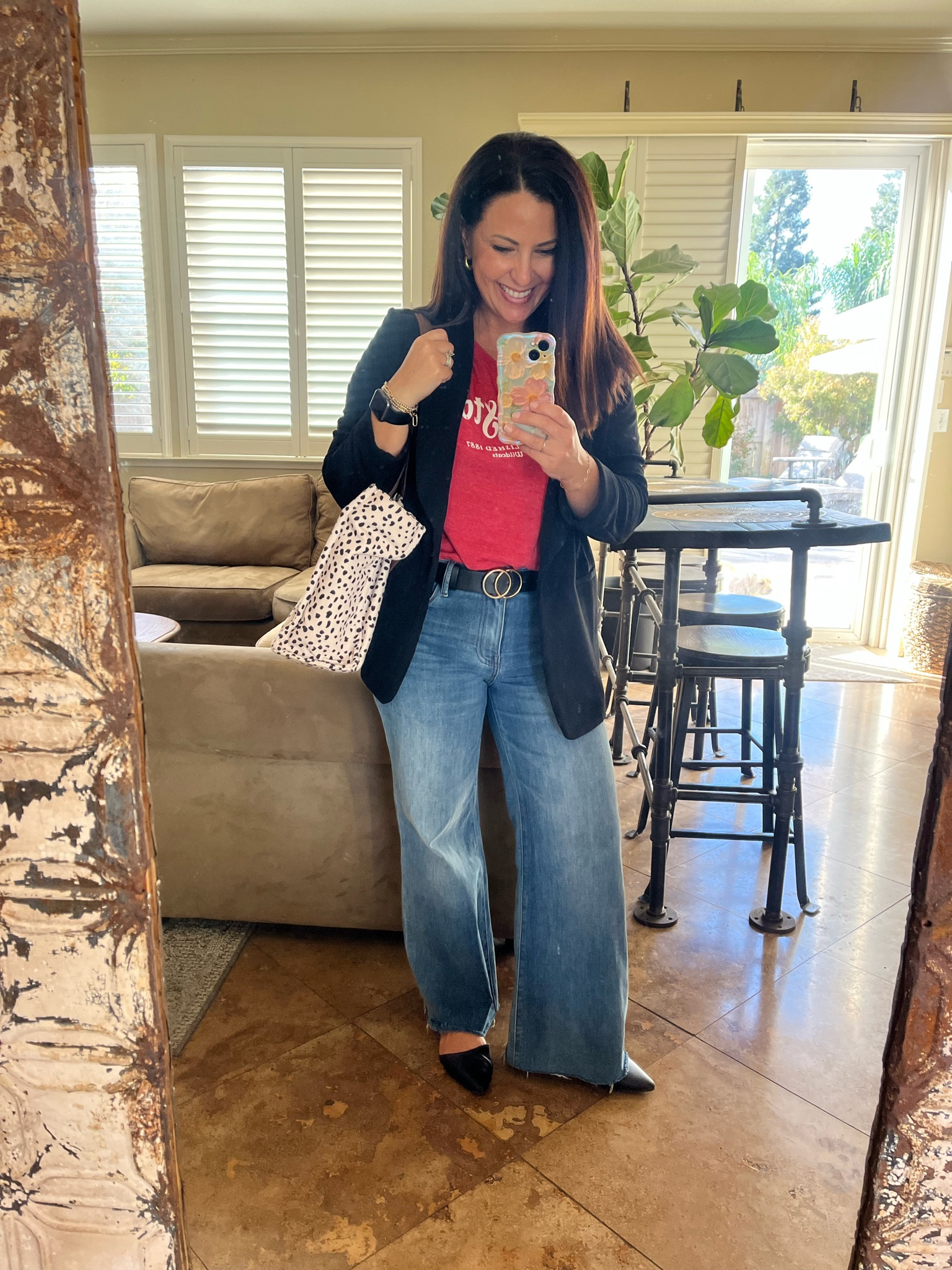 Business casual for college day! Repping my alma mater Chico State! With a blazer, wide leg jeans and memory foam flats. 

Teacher style
Petite style
Fall outfitts

#LTKFindsUnder50 #LTKOver40 #LTKWorkwear