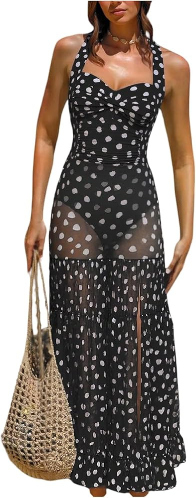 WDIRARA Women's Polka Dots Halter One Piece Swimsuits with Cover Up Skirts 2 Piece Bathing Suit | Amazon (US)