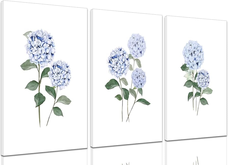 Hydrangea Wall Art Set of 3, Blue Floral Canvas Posters Print Picture, Blue Watercolor Botanical ... | Amazon (US)