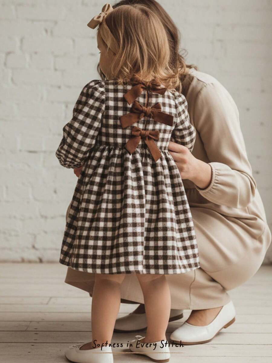 Cozy Pixies Baby Girl Colorblock Bow Decor Round Neck Brown Plaid Long Sleeve Waist Cinched Dress... | SHEIN