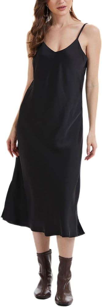 J.Corrine Women's Satin Slip Dress Lined V-Neck Midi A-line Spaghetti Strap Side Slits Evening Co... | Amazon (US)