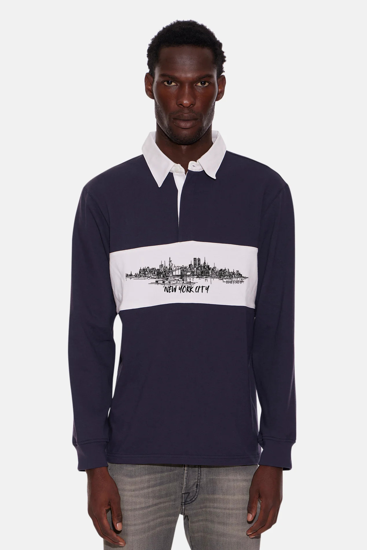 NYC Skyline Striped Rugby Navy W/White | Blue & Cream