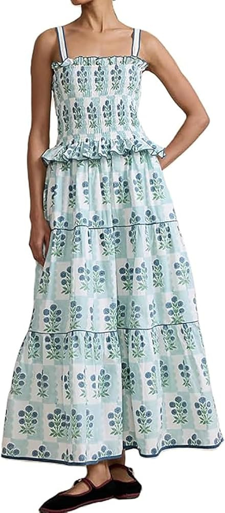 Women Summer Smocked Flowy Dress Spaghetti Strap Square Neck Floral Dress Ruffle Patchwork Boho A... | Amazon (US)
