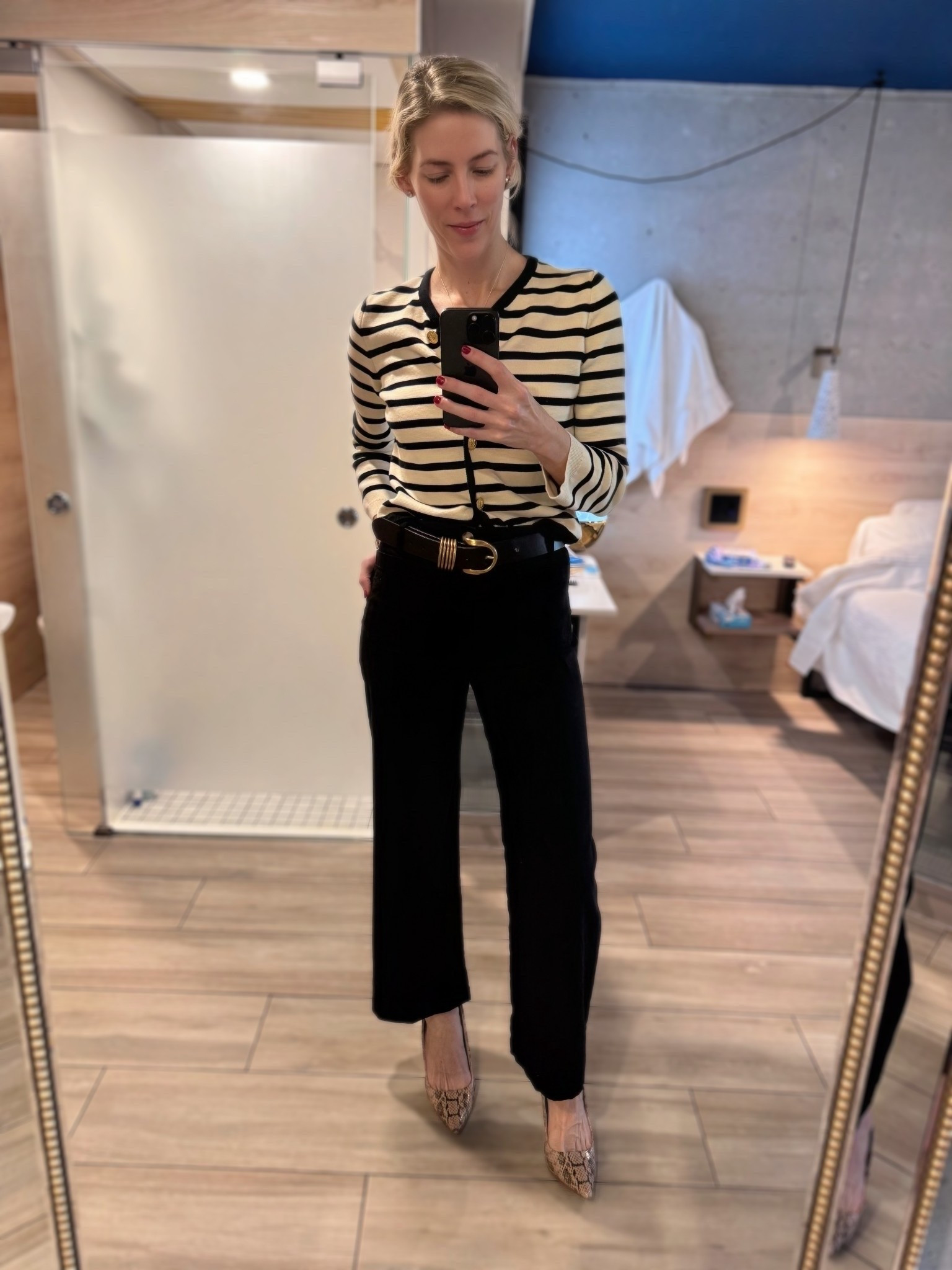 Monday motivation? More like Monday survival in my jailbird chic uniform. 🖤🤍

Between you and me, today’s outfit was assembled with exactly 47% effort and 100% reliance on the “stripes are always chic” delusion. But here’s the thing about pattern mixing: throw some snakeskin pumps into the equation and suddenly you’re not doing time—you’re doing THAT.

The formula: Rag & Bone striped cardigan (Nordstrom, size S) + Anthropologie Colette pants in black linen (26 T, because tall girls deserve inseams too) + an oversized Anthropologie belt that I punched more holes into than my Monday morning ego + Just Fab snake print heels that scream “I’m awake and coordinated” even when I’m neither + Amazon jewelry doing the heavy lifting.

Pro tip: Invest in a belt puncher. Life-changing. Especially when you buy belts for all the sizes you’ve been or plan to be and need to bring them back down to reality.

Did I conquer Monday? Debatable. Did I avoid looking like I escaped from a very fashionable penitentiary? Also debatable. But we showed up, we pattern mixed our way to perceived competence, and honestly, that’s the real luxury.

Links to shop this caffeinated chaos included. ✨

#LTKOver40 #LTKTall #LTKootd