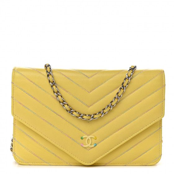 CHANEL Lambskin Chevron Quilted Wallet On Chain WOC Yellow | Fashionphile