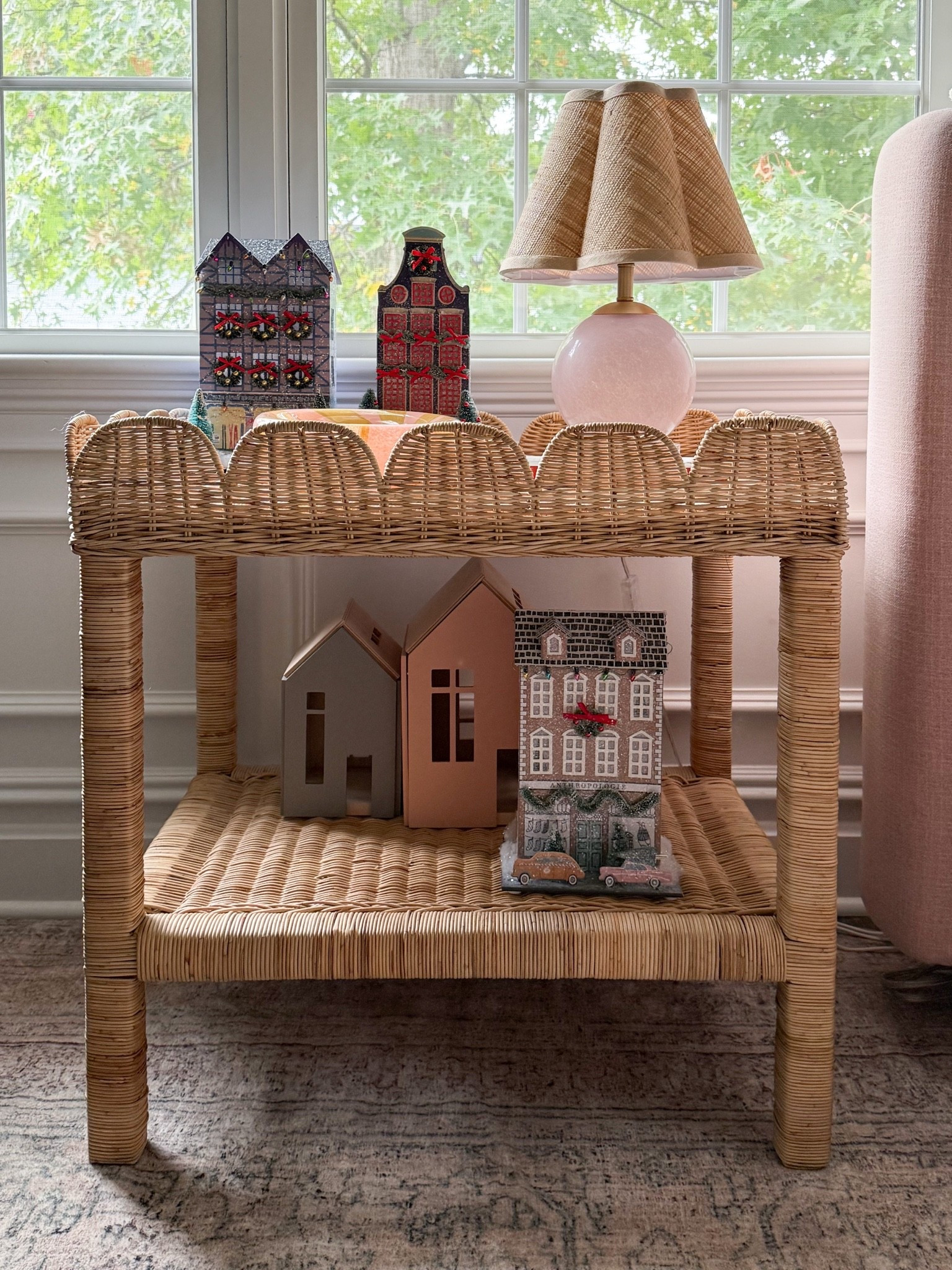 A little Christmas decorating in the girls’ room! I love these miniature holiday houses paired with the scalloped wicker table and pink lamp. Such a sweet way to bring in festive details while keeping the room playful and timeless.

Christmas village houses, miniature Christmas houses, girls room Christmas decor, holiday bedroom decor, wicker side table, scalloped furniture, Christmas tabletop decor, holiday home styling, kids room Christmas decorations, whimsical Christmas decor, girlonthehudson