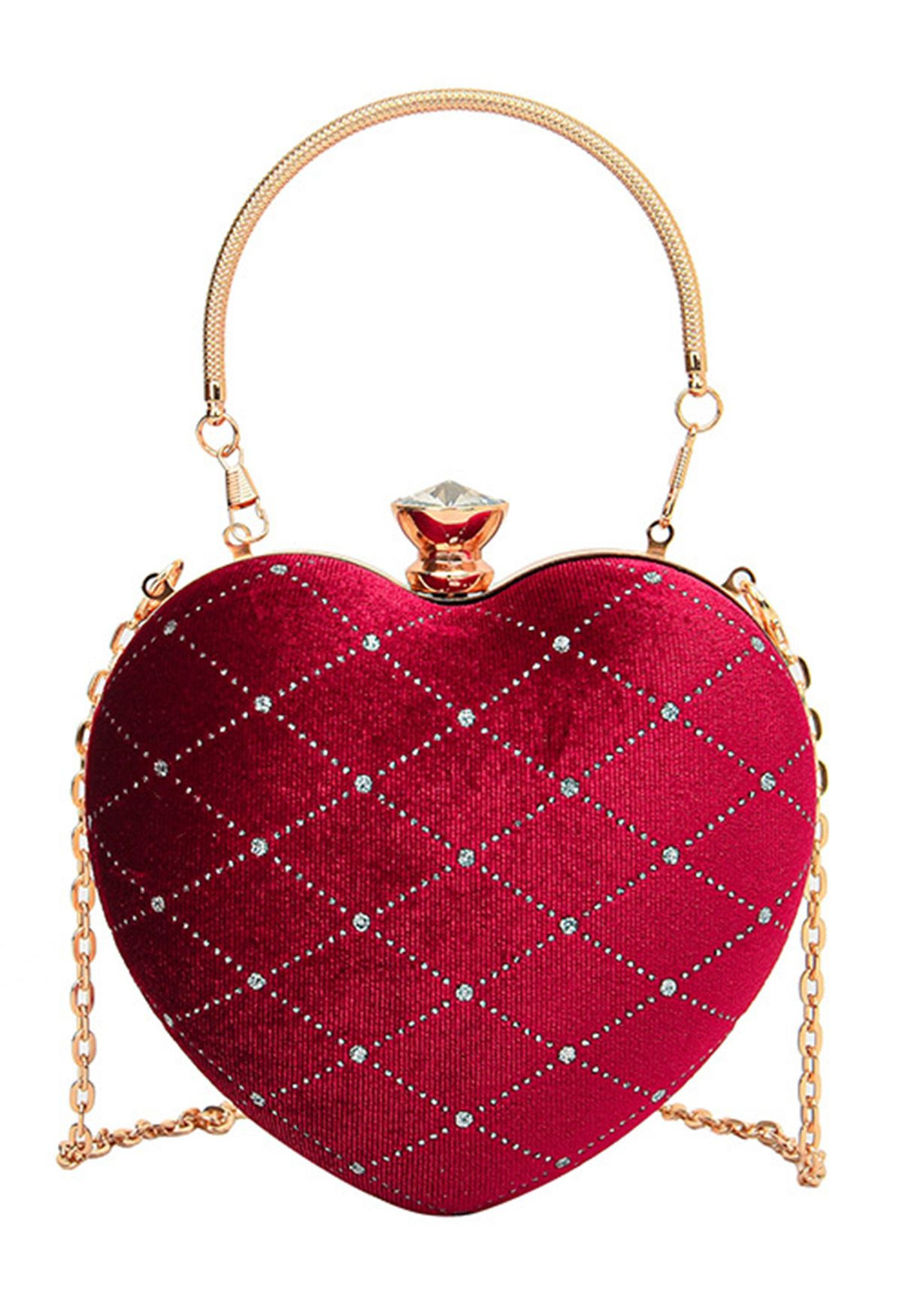 High-End Diamond-Shape Velvet Heart Clutch in Red | Chicwish