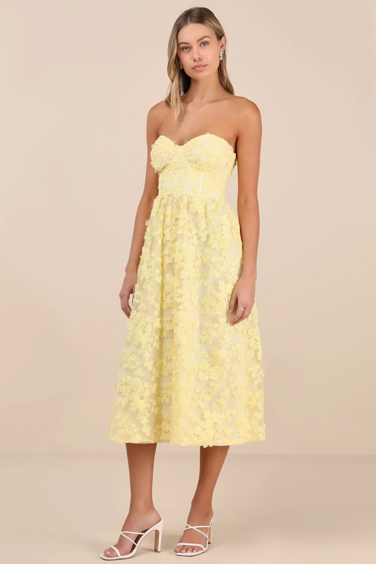 Quite Perfect Yellow Floral Embroidered Strapless Midi Dress | Lulus