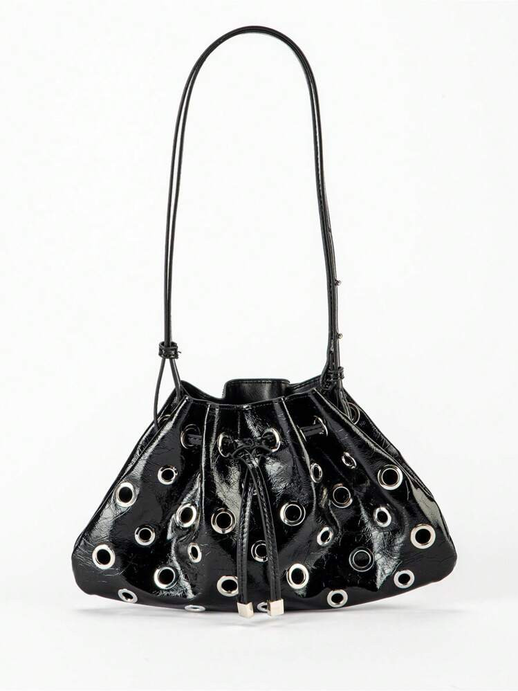 Metal Leather Studded Shoulder Bag Crossbody Bag Hollow Drawstring Bucket Bag | SHEIN