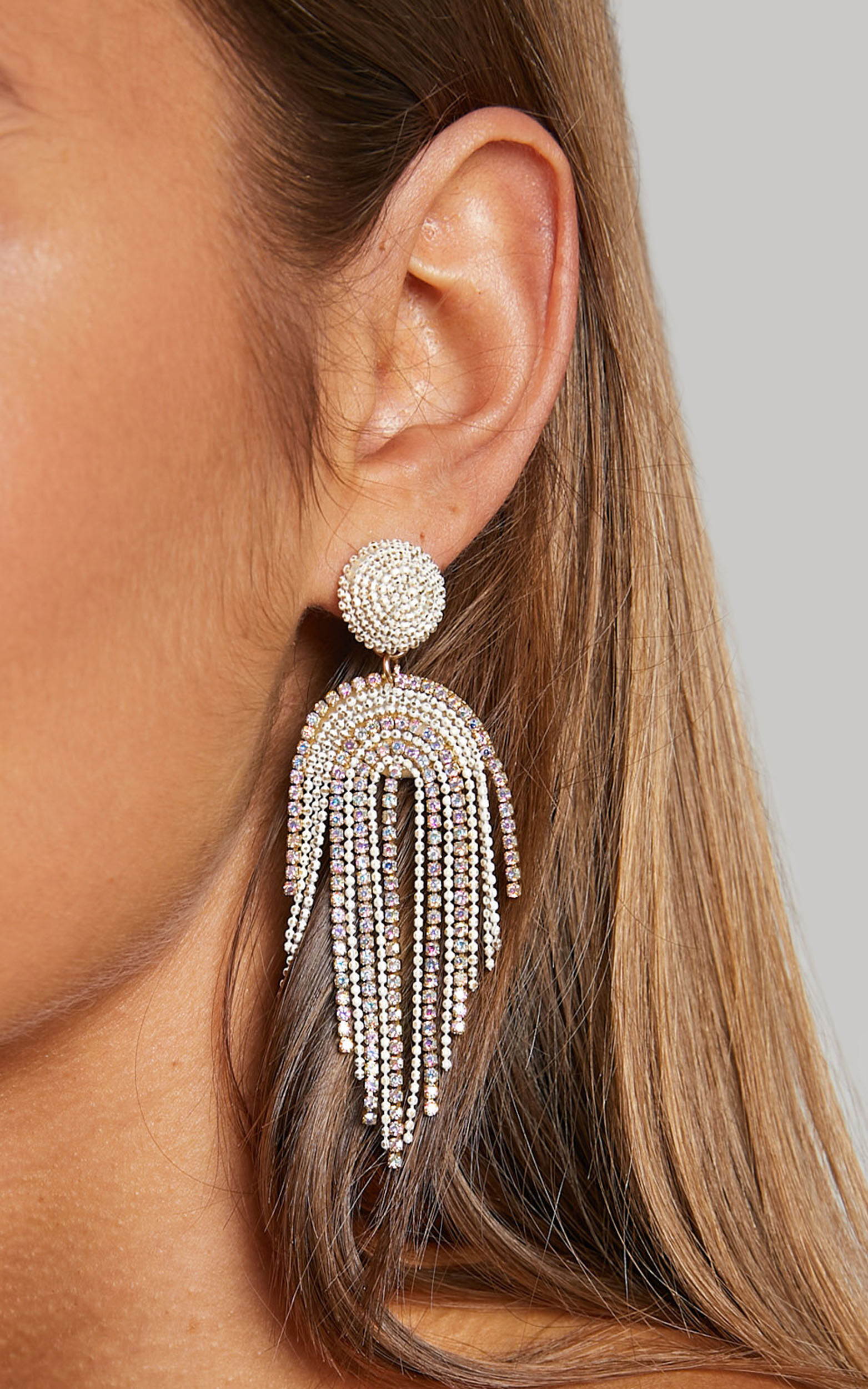 Elincia Earrings - Multicoloured Fringe Drop Earrings in Silver Diamante | Showpo (US, UK & Europe)