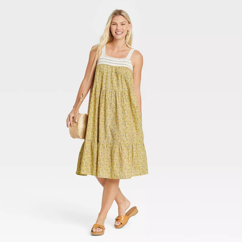 Women's Sleeveless Crochet Trim Dress - Universal Thread™ Yellow Floral S | Target