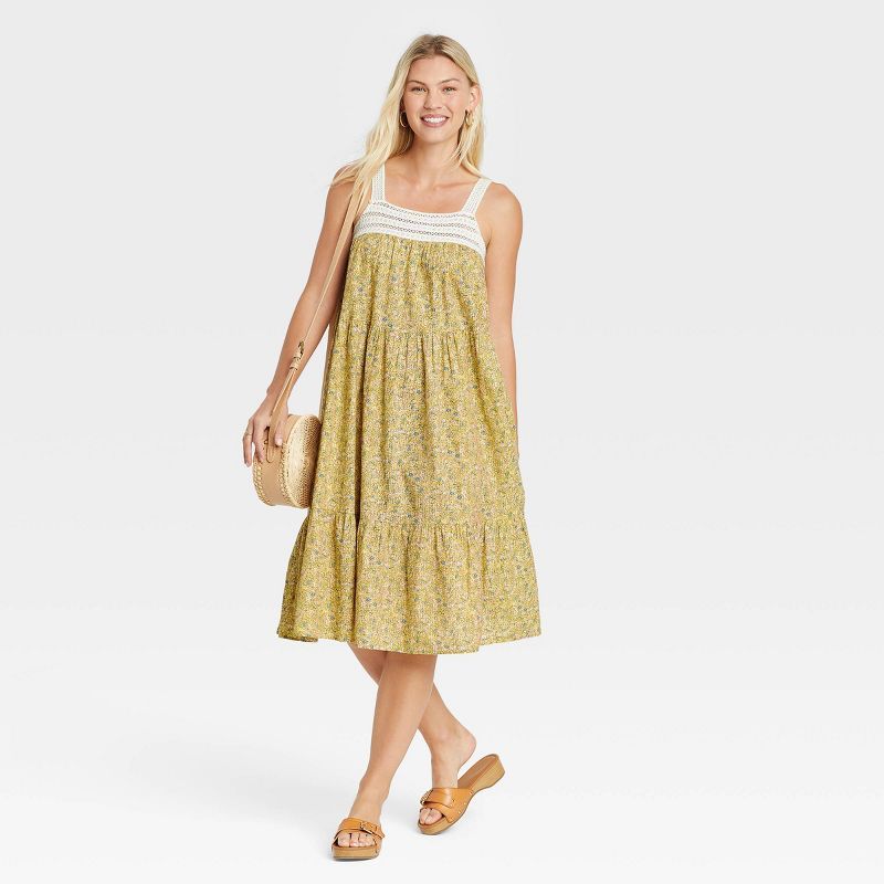 Women&#39;s Sleeveless Crochet Trim Dress - Universal Thread&#8482; Yellow Floral S | Target